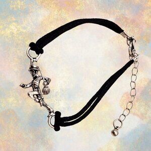 Artisan Dancing Figure Bracelet Black Cord Sculptural Silver Tone Adjustable